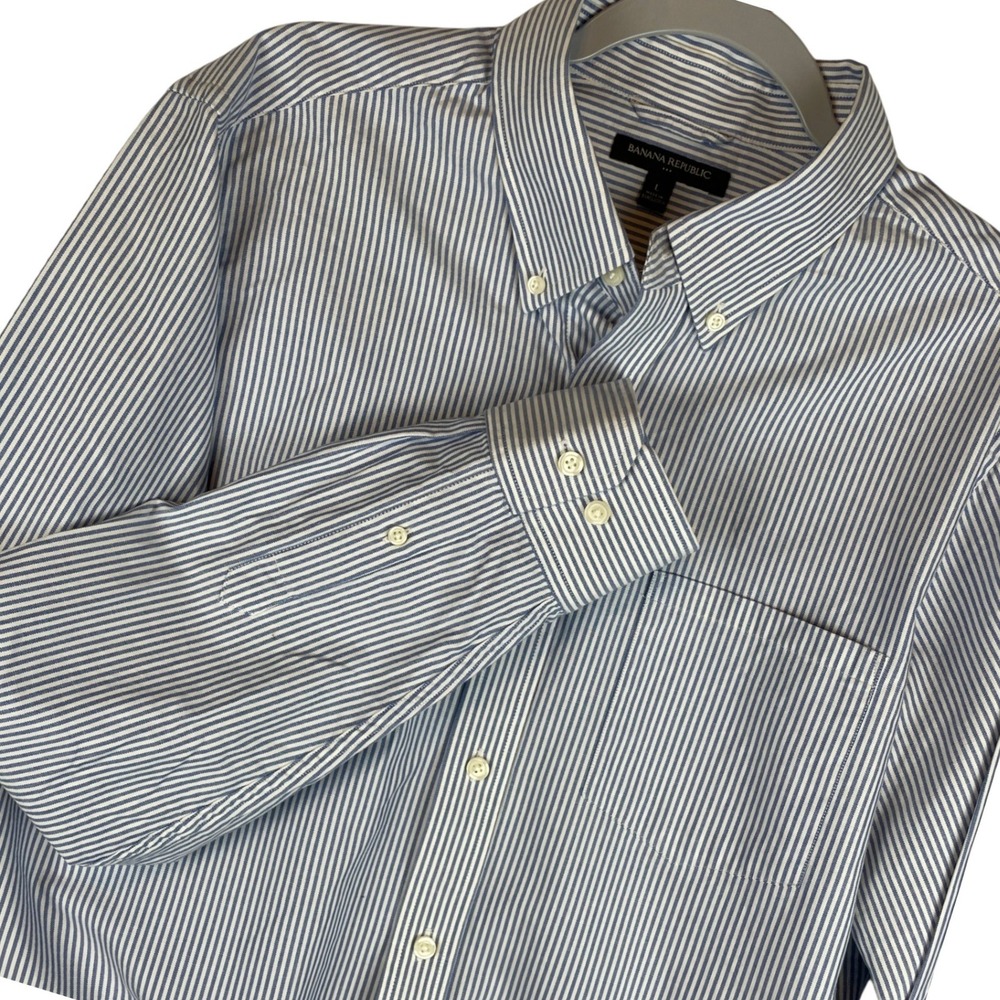 Banana Republic Mens L Blue White Striped Button Down Shirt‎ Long Sleeve Cotton